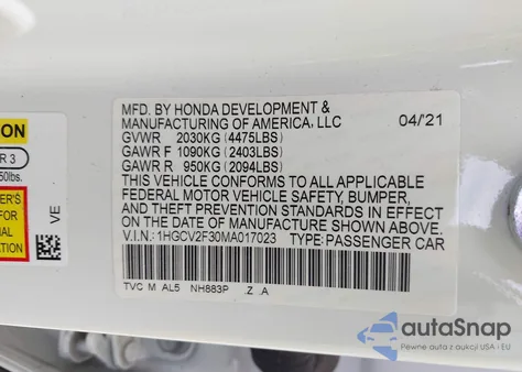 2021 Honda Accord Sport 2.0T from USA, damaged, VIN 1HGCV2F30MA017023